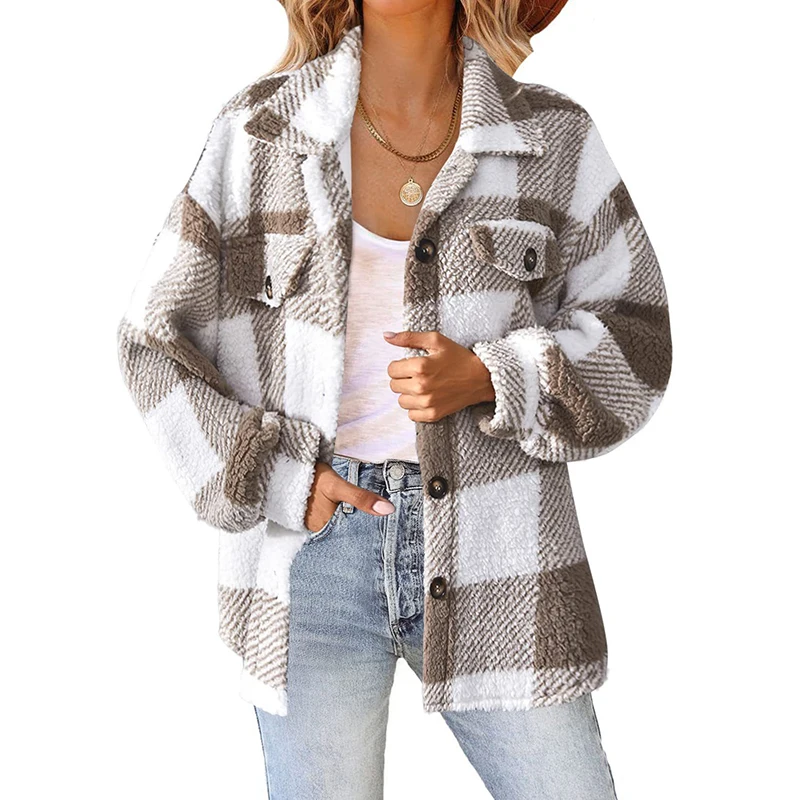 Autumn Winter Women's Plaid Printed Plush Warm Jacket Fashion Lapel Fleece Thickened Long Sleeve Coat Loose Cardigan Coat Tops image 2
