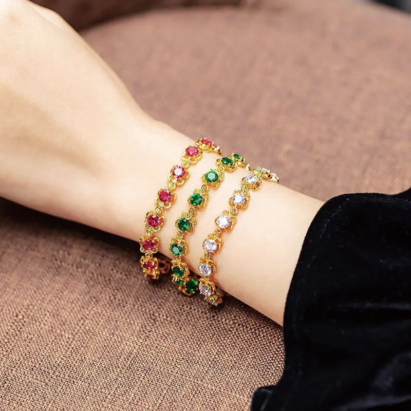 XP Jewelry --( 20 cm x 8 mm  )  Green / Red Zircon Flowers Bracelets For Women Fashion Jewelry Pure Gold Plated Nickel Free