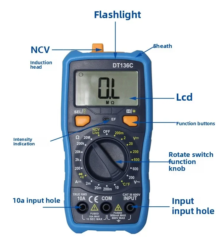 TOOL Multimeter With Temperature Test Function DT136C Universal With NCV And Flashlight, Neutral And Live Wire Identification