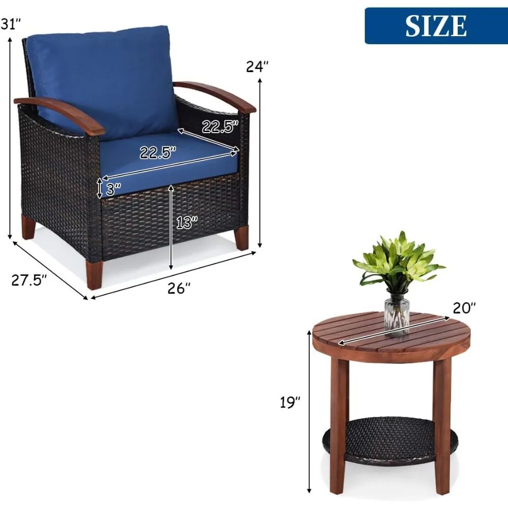 طقم أثاث للفناء مكون من 3 قطع، وأريكة الروطان الخارجية وطاولة جانبية مع إطار من خشب السنط الصلب، ومثبت محادثة عالي التحمل