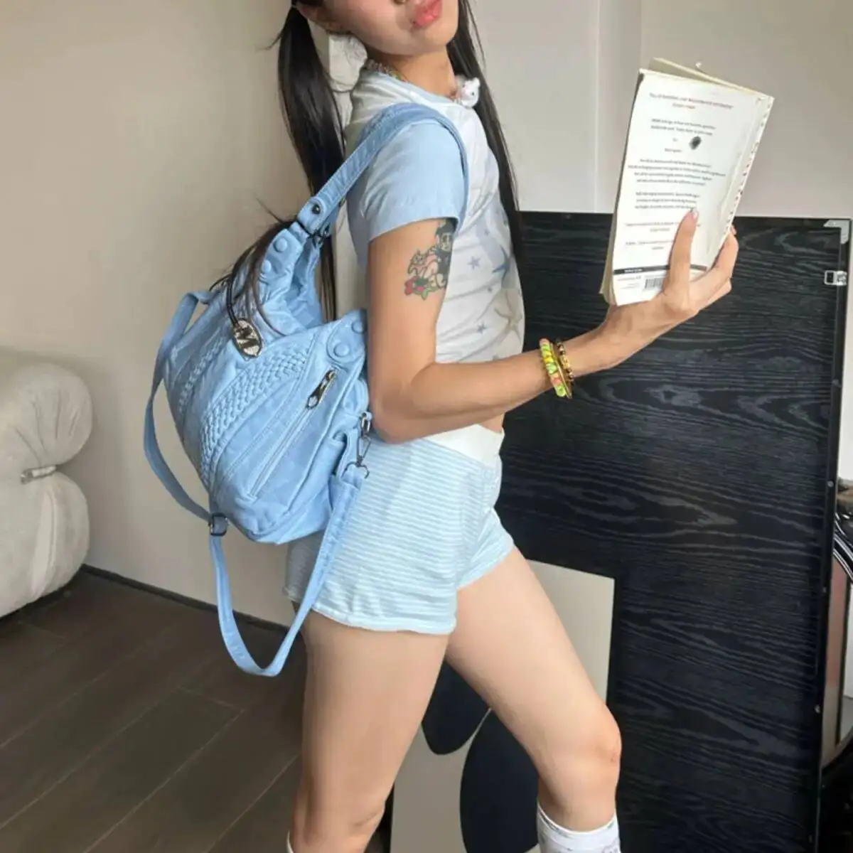 Bloom Hot Girls Blue Shoulder Bags Women Retro Leather Large Capacity Y2k Handbag Female Vintage Messenger Tote Bag Aesthetic