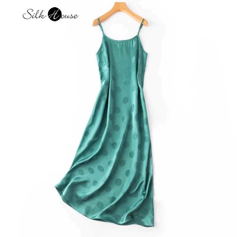 

19MM Retro Green Polka Dot 100% Natural Mulberry Silk SangBo Satin Extended Adjustable Suspender Women's Sexy Dress