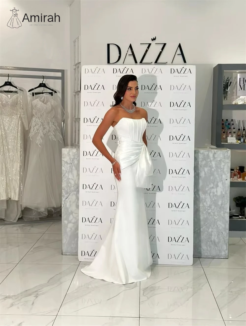 아미라 새틴 화이트 고급 여성 이브닝 드레스 럭셔리 2025 맞춤 제작 피쉬테일 우아한 가운 오프숄더 프롬 드레스