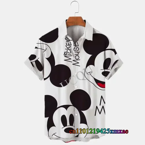 Imagen 1 del producto Verano Disney Mickey Mouse estampado de dibujos animados hombres Hawaii solapa camisa de manga corta Casual playa vacaciones moda Tops de gran tamaño