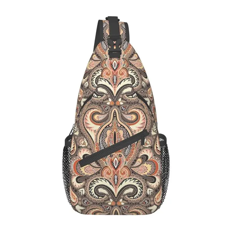 Coral Brown Paisley Pattern Sling Crossbody Backpack Men Custom Bohemian Floral Art Chest Shoulder Bag for Traveling Daypack