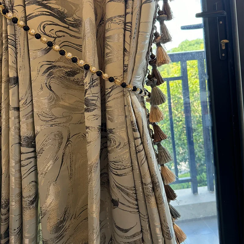 Customized Grey Cloud Jacquard Thickened Blackout Curtains for Living Room Bedroom French Window Balcony Window Villa