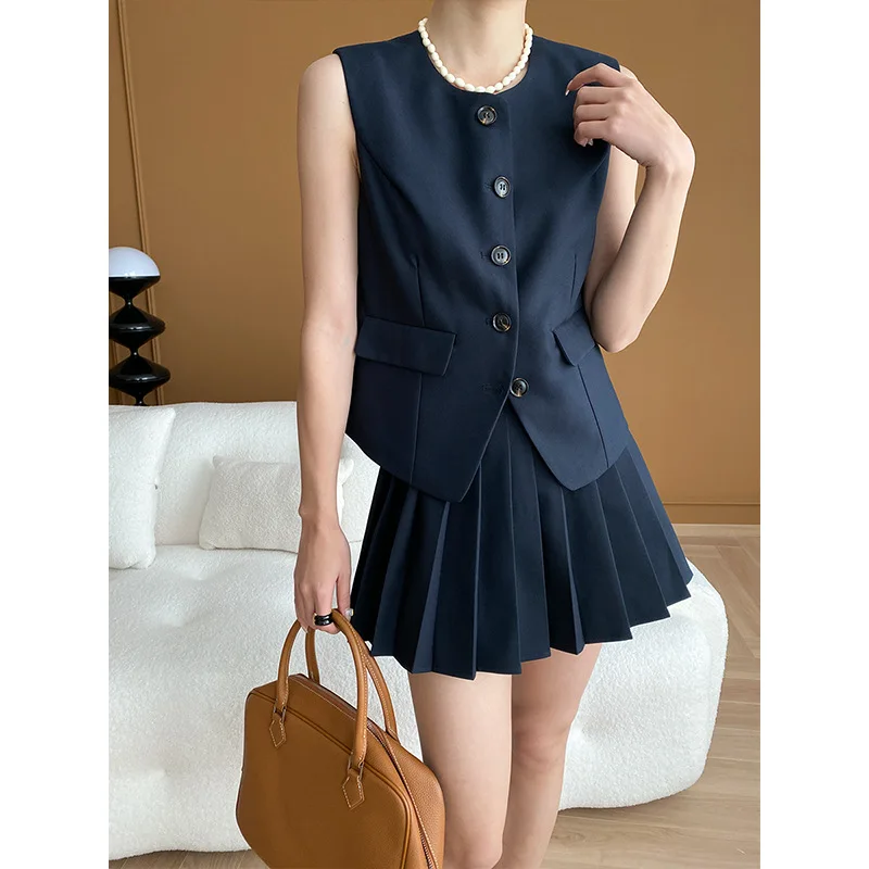 

Navy Blue Sleeveless Vest Pleated Mini Skirt Set Round Neck Button Down Waistcoat With High Waist Skirt For Preppy Style ZXUZ