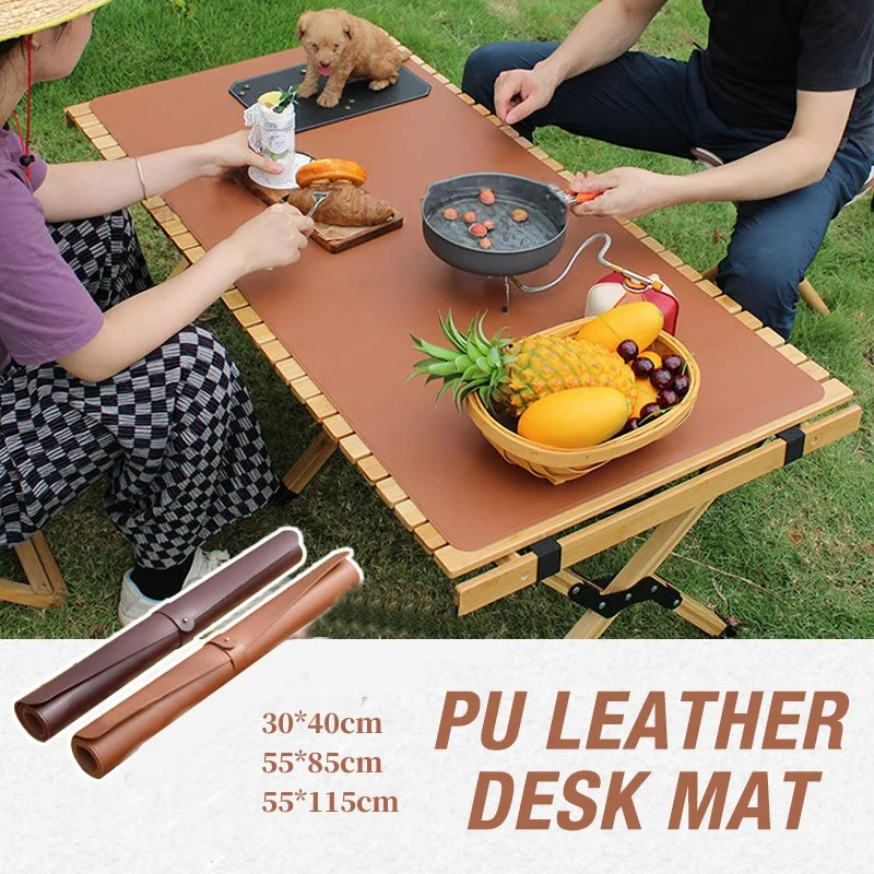 Table Mat Camping Wood Roll Table Mat 85 115 PU Leather Thicken Waterproof Heat-Resistant Wooden Desk Pad For Outdoor Picnic BBQ