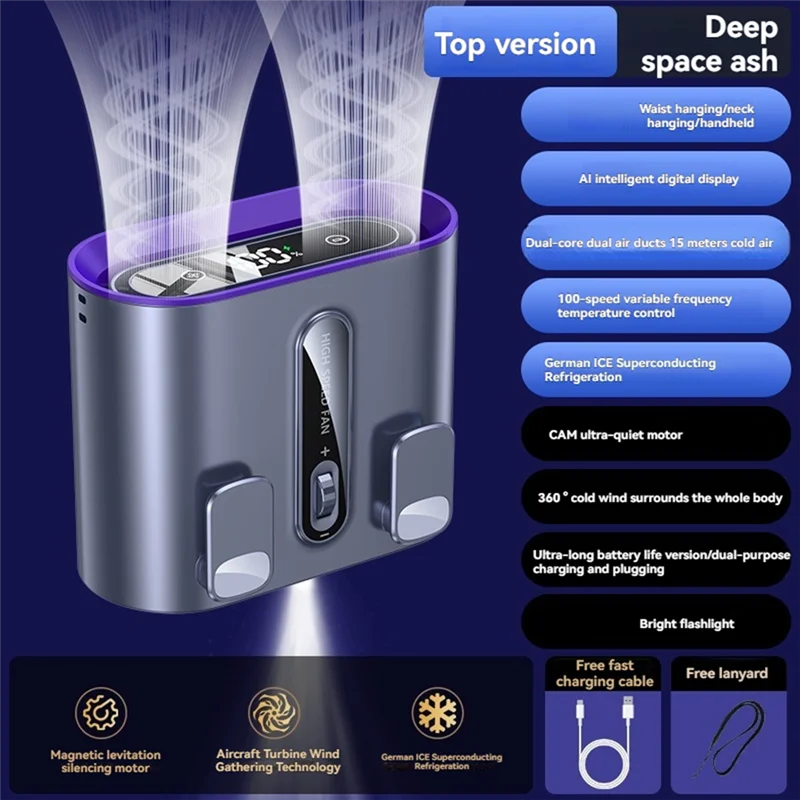 【Off-Shelf】Waist Hanging Fan 6000Mah Portable Waist Clip High-Speed Dual Duct Neck Hanging Desktop Electric Fan
