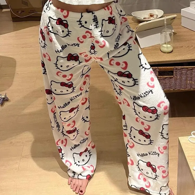 Pantalones Anchos de Franela Kawaii Hello Kitty para Mujer, Color Rosa, Estampado de Dibujos Animados, Cintura Elástica, Pantalones Suaves y Cálidos de Felpa Coral