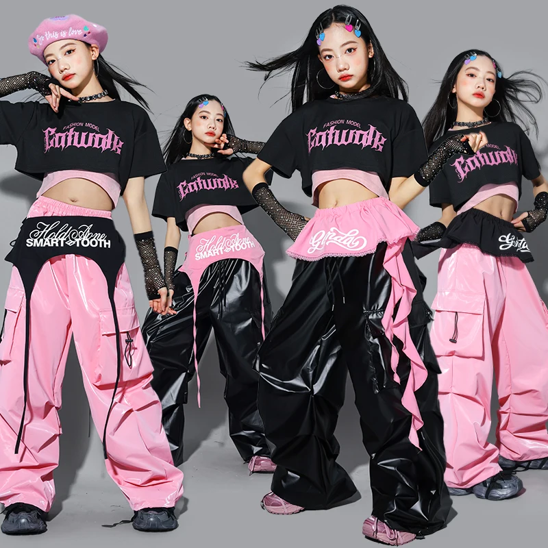 Girls K-pop Letters Crop Top Shiny Leather Cargo Pants Street Dance Skirt Kids Hip Hop Jazz Clothes Set Child Girl Group Costume