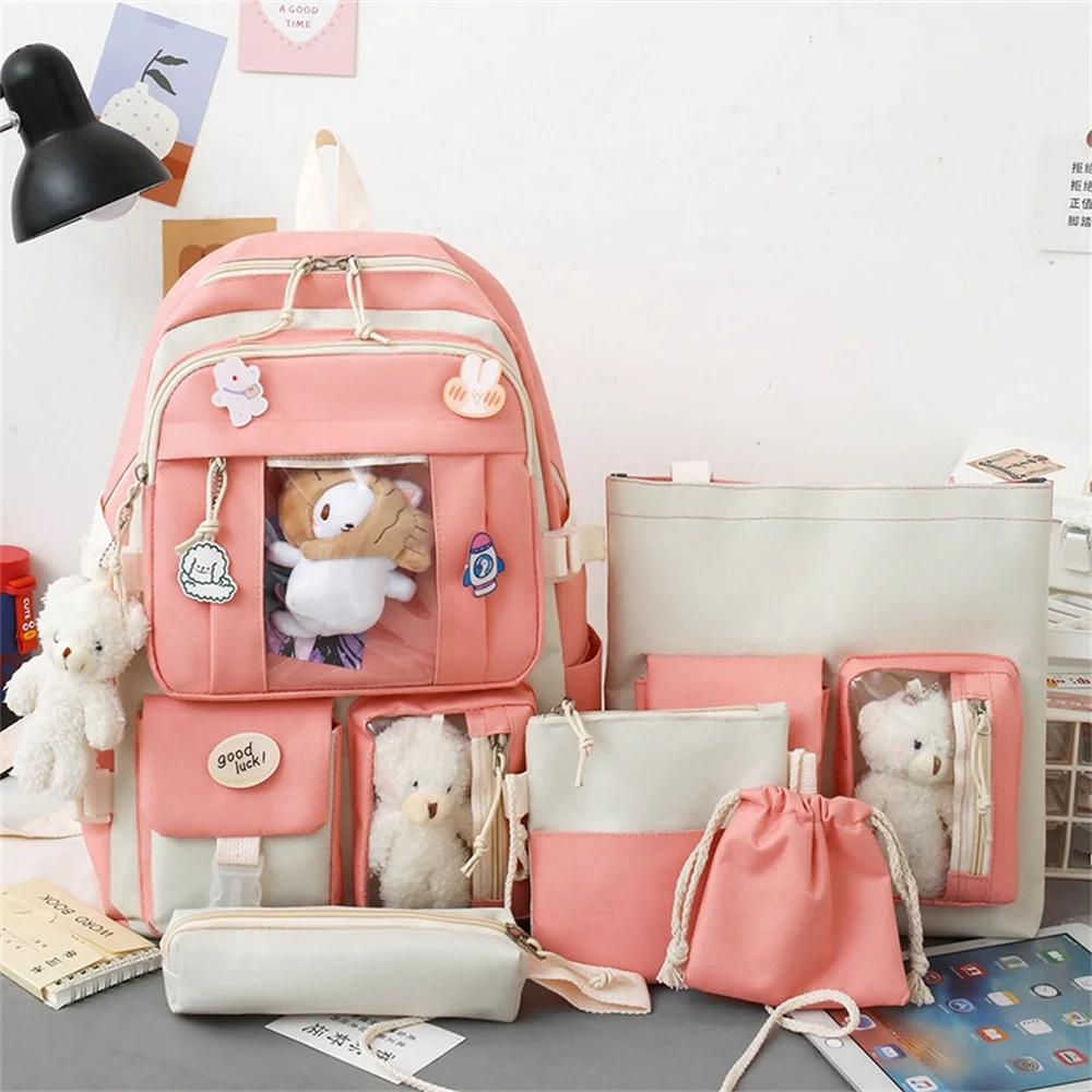 School Bag For Student Korean Cute Kawaii Nylon Canvas Backpack Handbag Schoolbag Pencil Case Travel Tote Large