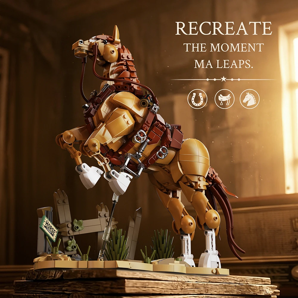 Animal Building Blocks 2-in-1 Wild Western Steed Ancient-Style Warhorse House Model Kit Collectible Desktop Display Assembly Toy