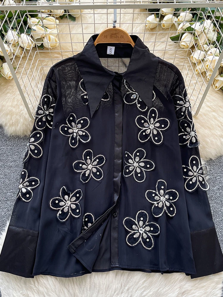 الفرنسية الماس رصع ثلاثي الأبعاد زهرة التلبيب قميص طويل الأكمام للنساء ربيع الخريف تنوعا شيك الاتجاه العلوي C363
