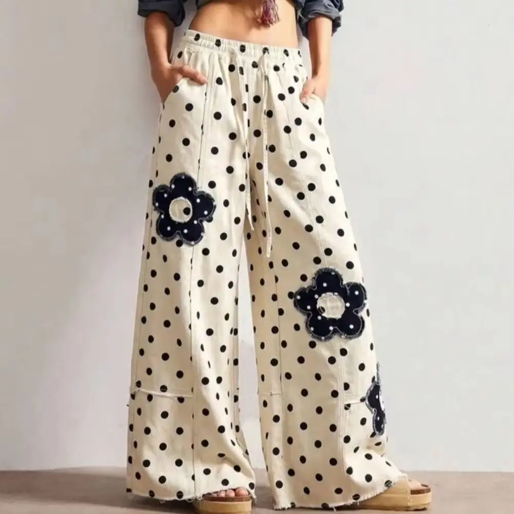 Women American Sweet Cool Polka Dot Jeans Drawstring Waist Patch Embroidery Raw Hem Loose Wide Leg Trousers Commute Denim Pants