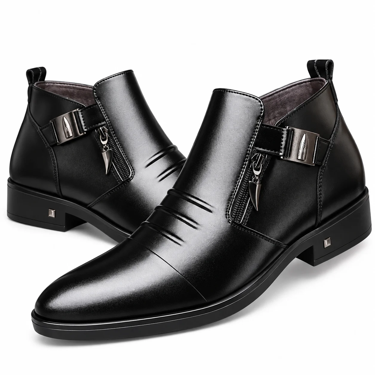 Winter Men's Leather Fur-Lined Combat Boots Luxury Designer Mid-Calf Motorcycle Ankle Boots with Side Zip Platform Sole