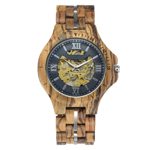 Imagen 2 del producto Relojes mecánicos clásicos de madera para hombre, reloj de pulsera de madera ligero con cuerda automática y esqueleto para hombre