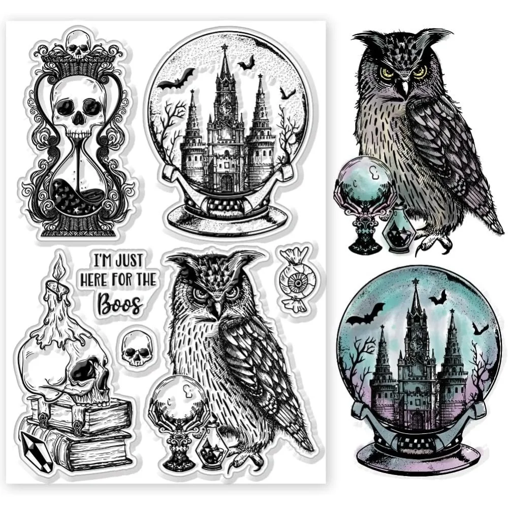 Magic Crystal Ball Owl and Candles Clear Stamps for Cards Making Magic Skeleton Silicone Clear Stamp Seals Transparent