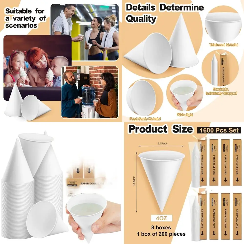

1600 упаковок толстых бумажных стаканчиков-конусов белого цвета, 4 унции, для льда, смузи, куллеров для воды