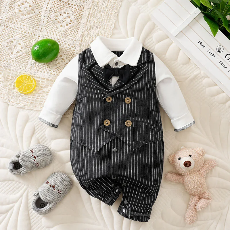 الخريف 100% القطن 0-18 أشهر الوليد محبوك العمودي شريط رمادي داكن ملابس أطفال نيسيي شهم بوي الطفل بذلة كول