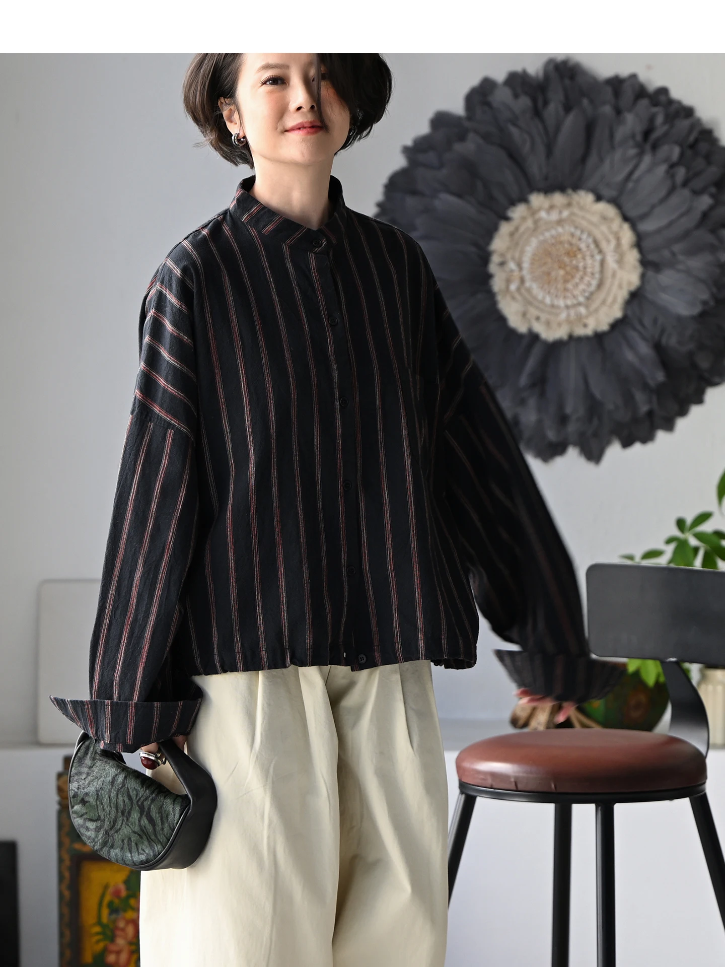 

Casual Pure Cotton Batwing Sleeve Shirt Women's Spring New Loose Fit Drawstring Color Block Stripe Milan Declaration C53691