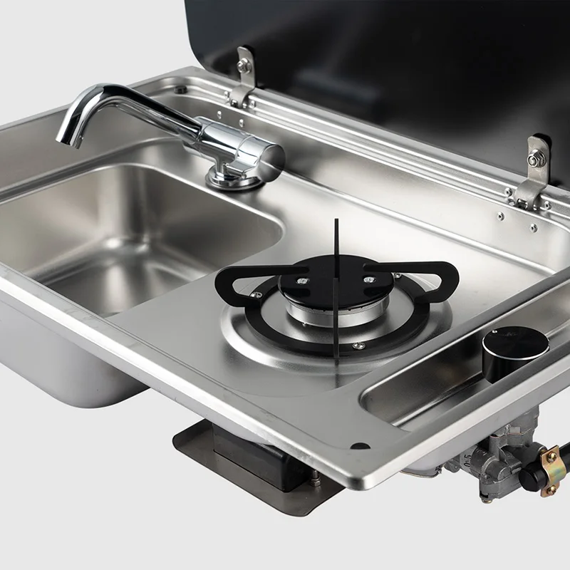 RV Caravan Stainless Steel Integrated Gas Stove and Sink Combo with Tempered Glass Lid 1 Burner Cooktop Kitchen Sink for RV Boat view 3