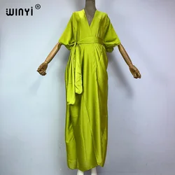 WINYI monocolour Self Belted silk dress Women Elegant Summer holiday short sleeve cardigan beach Wear Swim Suit cover up kimono