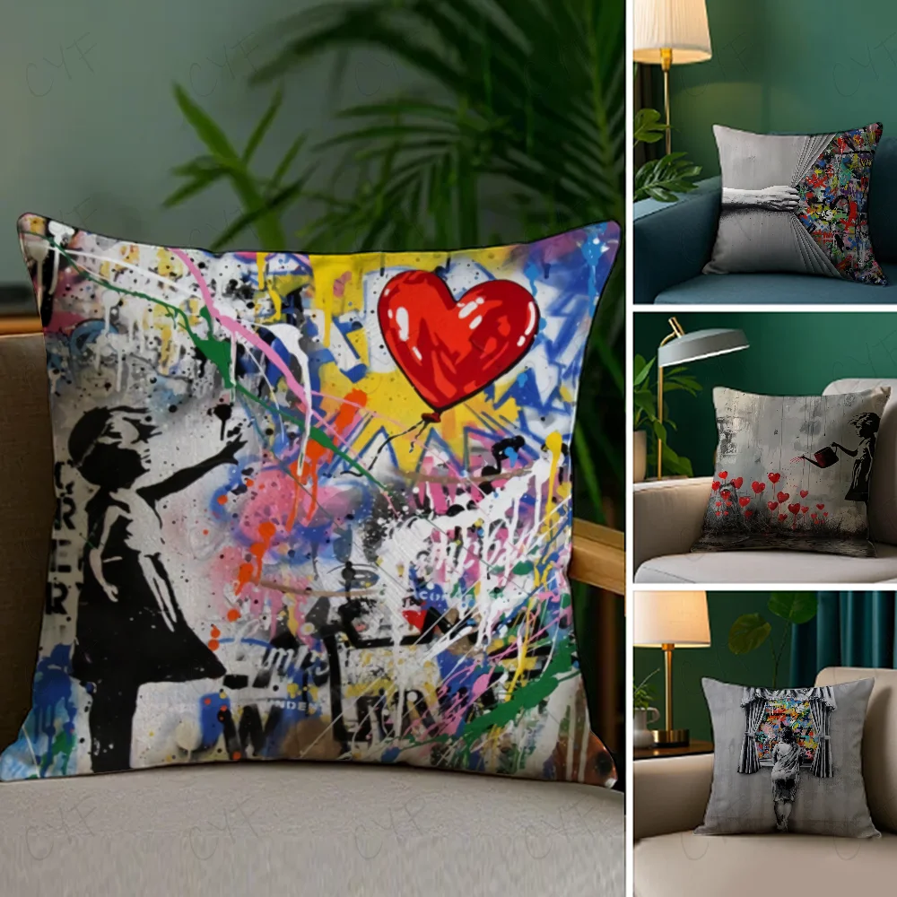 Graffiti Street Art Girl Red Heart Balloon Throw Pillow Cover, Color Splash Paint Splatter Square Peach Skin Cushion Cover No In