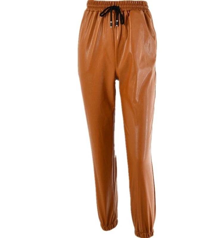 Womens Faux Leather Pants Solid Color High Waist Joggers Jogging Bottoms PU Pants Sexy Drawstring Loose Fit Pocket Cargo Pants