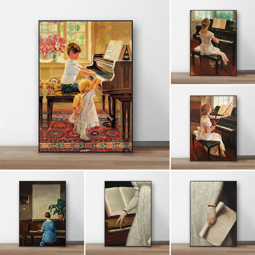 Vintage Classical Wall Art Poster Children Who Play Piano Mural Modern Home Decor Canvas Pictures Prints Living Room Decorati