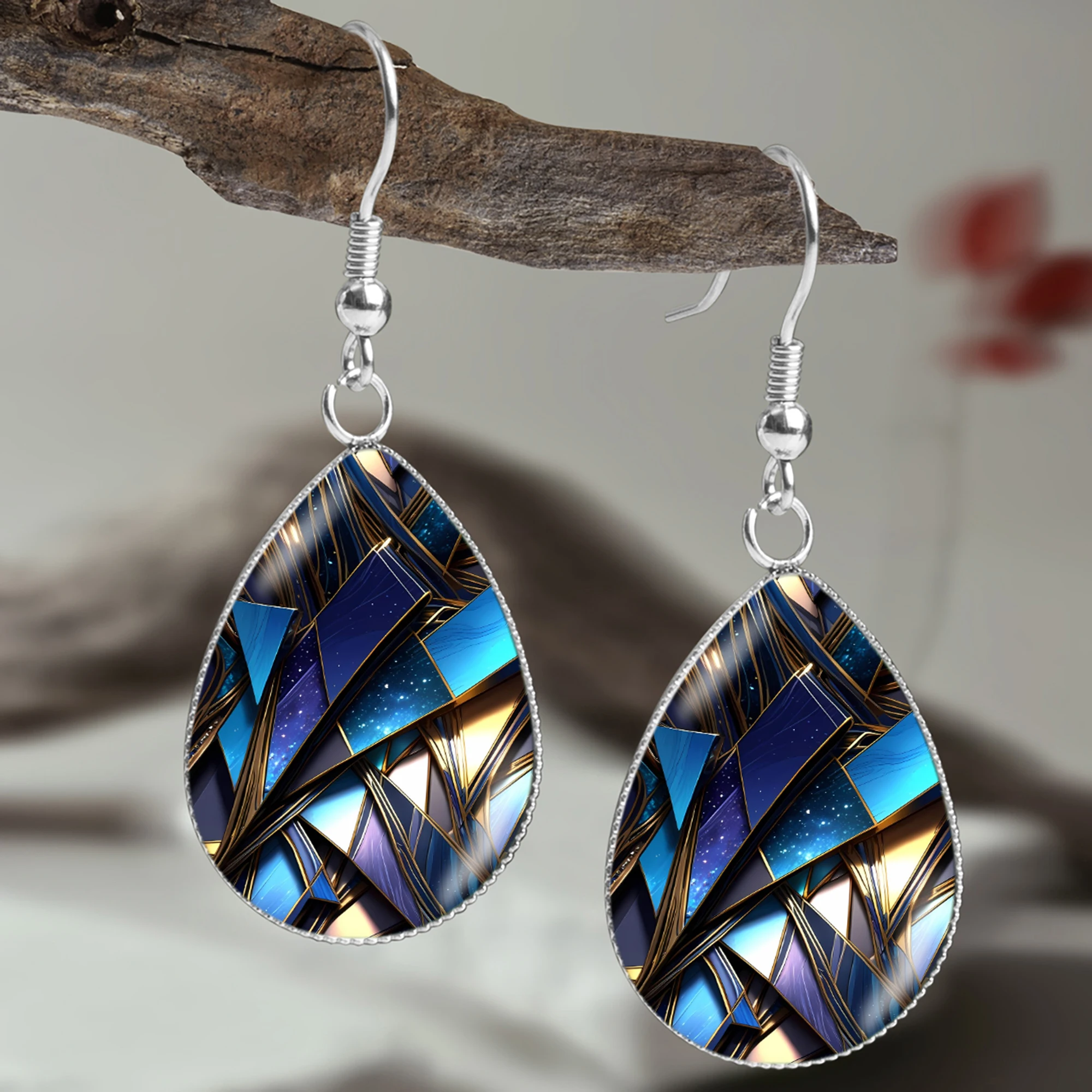1 Pair of Galaxy Blue Geometric Pattern Earrings with Convex Glass and 316 Stainless Steel Material, Drop-Shaped Earrings, Elegant and Simple Style, Jewelry Earrings for Men and Women for Daily Wear, Vacation, and Parties