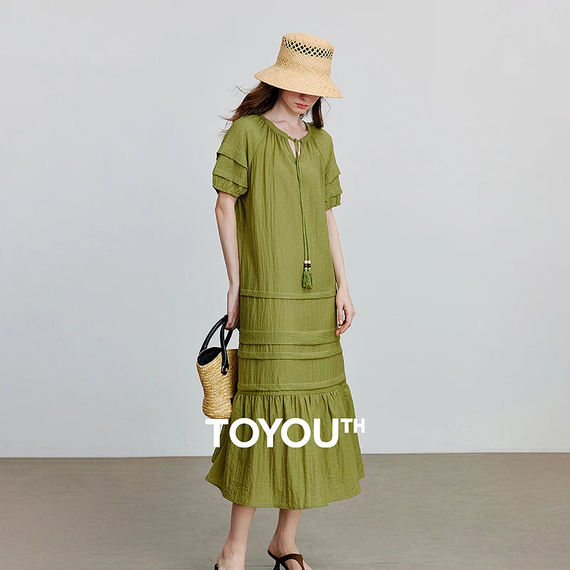 

TOYOUTH Women Dress 2025 Summer New Round Neck Lantern Sleeve Splicing Vacation Dress 8529150