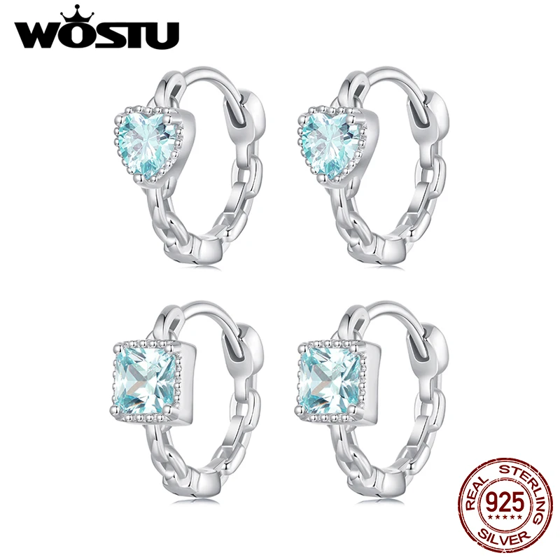 

WOSTU 925 Sterling Silver Simple Aquamarine CZ Ear Buckles Heart Star Square Hoop Earrings Women Wedding Gift Minimalism Jewelry