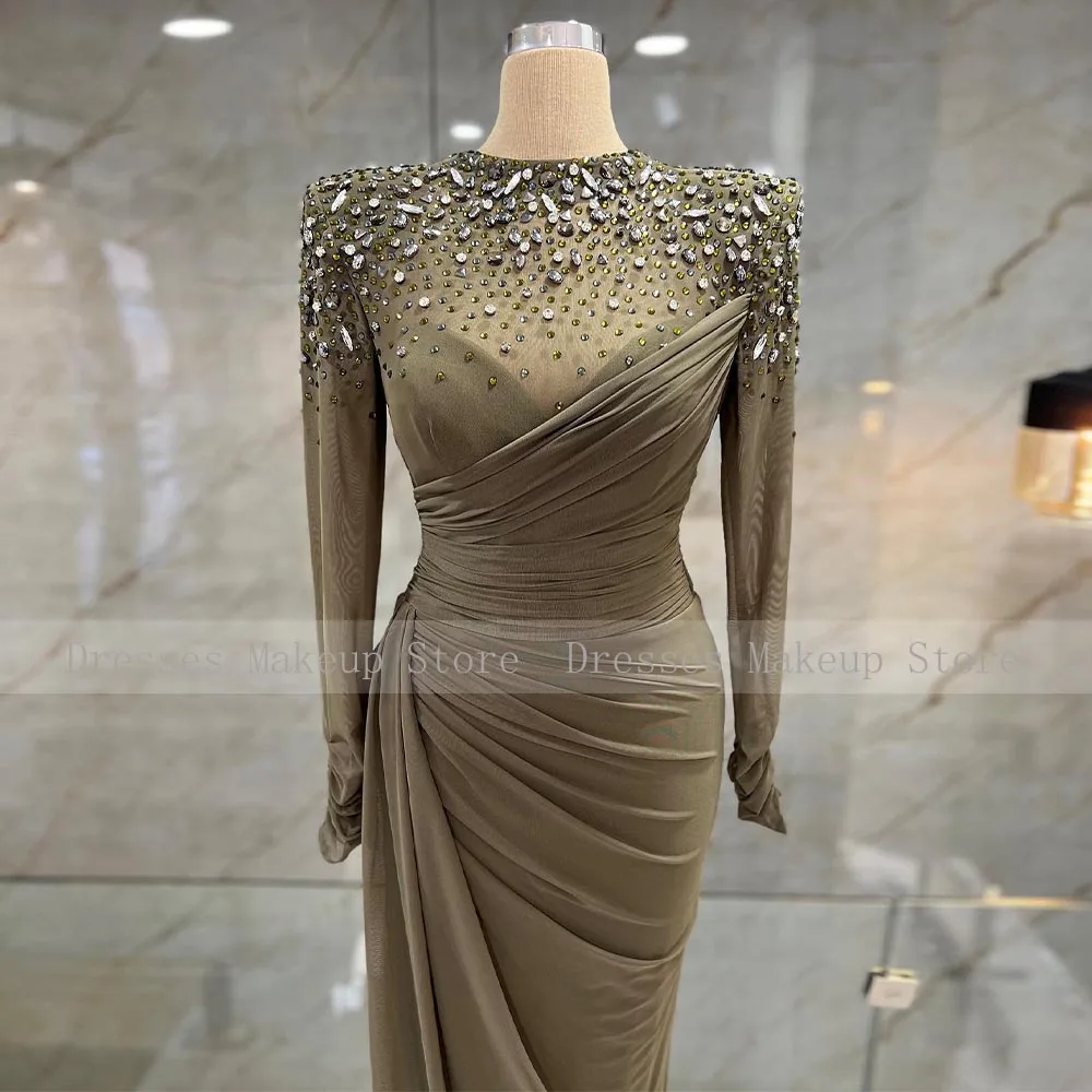 Mermaid Evening Dress Green Long Sleeves Crystal Luxury Gowns for Women 2023 O Neck Trumpet Illusion Party