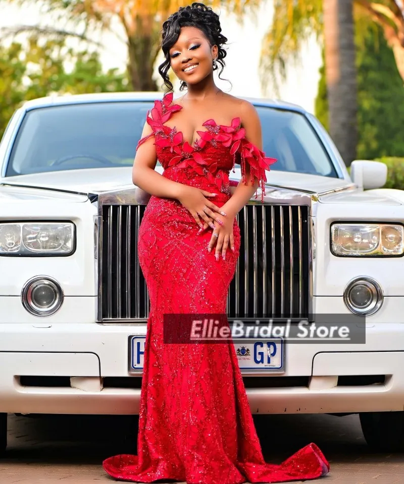 반짝 이는 레드 댄스 파티 드레스 럭셔리 절묘한 구슬 장식 웨딩 파티 드레스 Aso Ebi 아프리카 이브닝 가운 맞춤형