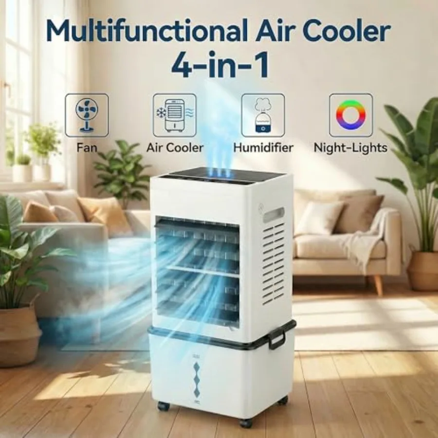 Swamp Cooler for bedroom and office use, plastic body, white color, 4-in-1 portable air cooler with 6 speeds, remote control, n