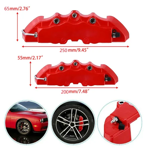 Imagen 2 del producto 4 Uds. Cubierta de pinza de coche tipo 3D roja Kit de disco de freno trasero delantero Universal resistente a los arañazos herramienta de ajuste de rueda de pinza de freno de coche