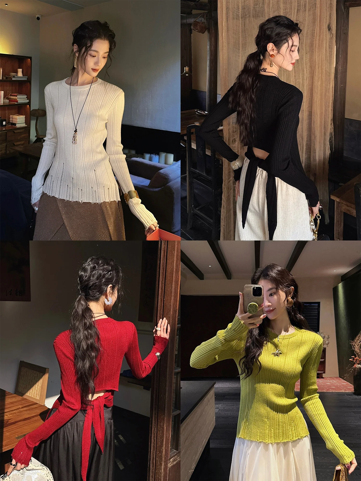 

Ele Woolen Knitted Base irt Women's Asymmetrical Hollow out Belted Beautiful Tee Ji Bla Flower Qinglei Sle Long S...
