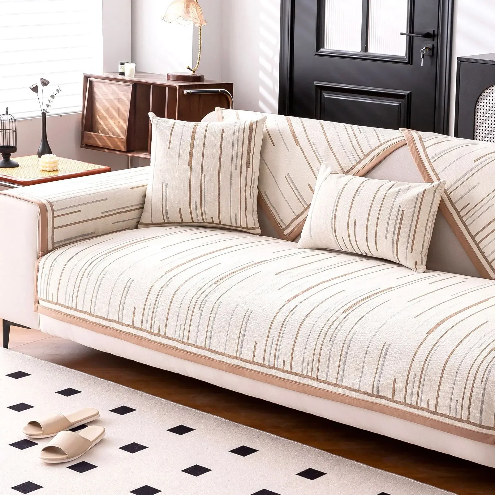 New Chenille Sofa Cover Striped Couch Mat Thickened Sofa Covers for Living Room Universal for Seasons Black Border Couch Cushion