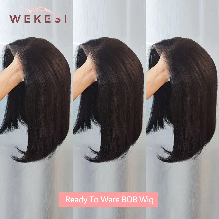 Perruque BOB Lace Closure Wig Naturelle Lisse, Cheveux Courts, Prêt à l'emploi, Sans Colle, pour Femme Noire