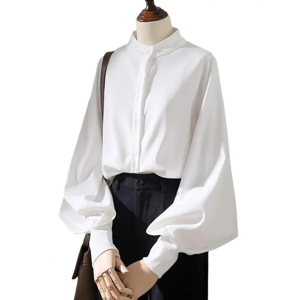 

Women Spring Fall Shirt Stand Collar Loose Solid Color Long Lantern Sleeve Formal Single-breasted Cardigan Lady Commute Blouse