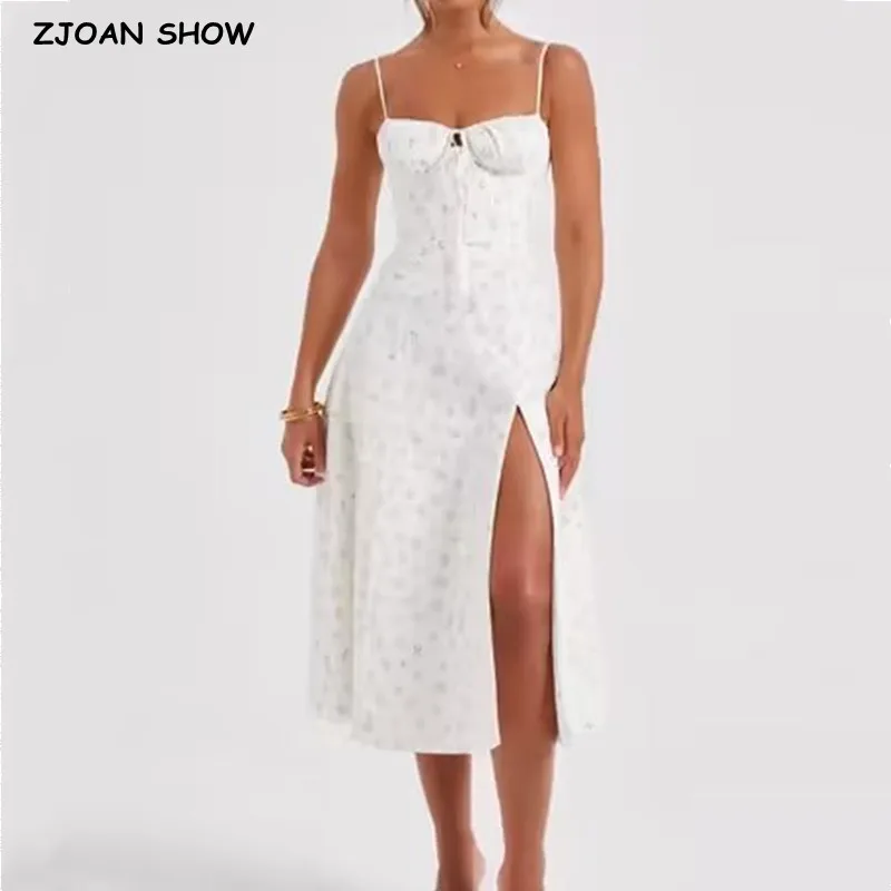 

Sexy White Floral Print Cross Lacing up Bandage Back Sling Dress Women Corset Style Bow Ruched Chest Hem Slit Swing Midi Robe