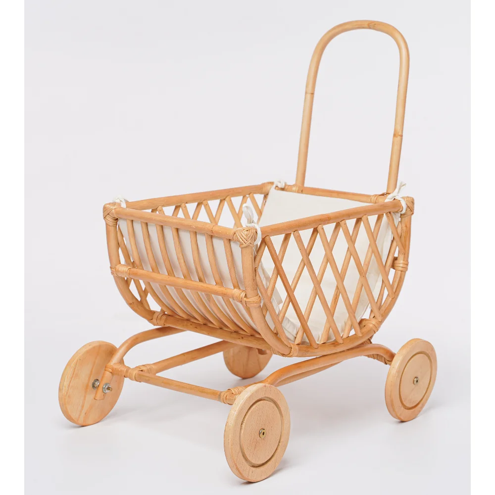 New design eco-friendly natural small rattan foot toys baby stroller cute trolley