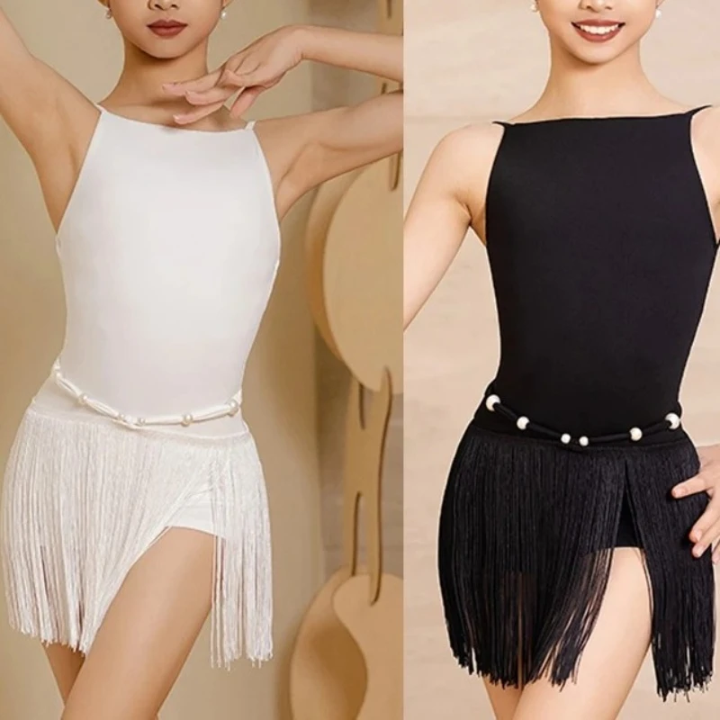 ملابس ممارسة الرقص اللاتيني للأطفال ملابس صيفية للفتيات ملابس علوية لاتينية تنورة شرابة تشا تشا رومبا سامبا بدلة تدريب الرقص