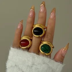 Colored gemstone oval statement rings stainless steel rings for women black green Malachite stone stainless steel jewelry new in