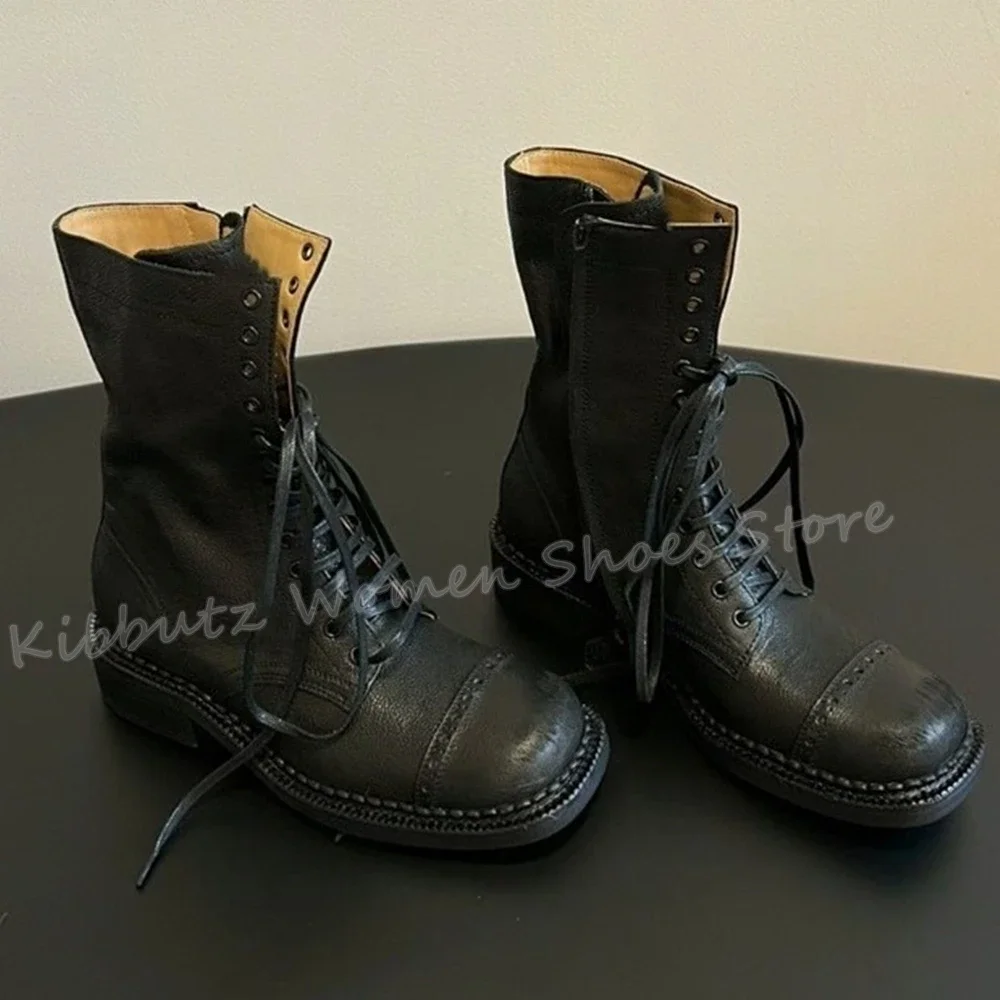 

Cowboy Ankle Boots Round Toe Square Heels Vintage Lace-Up Genuine Leather Solid Color Fashion Concise Runway Show Sexy Shoes New