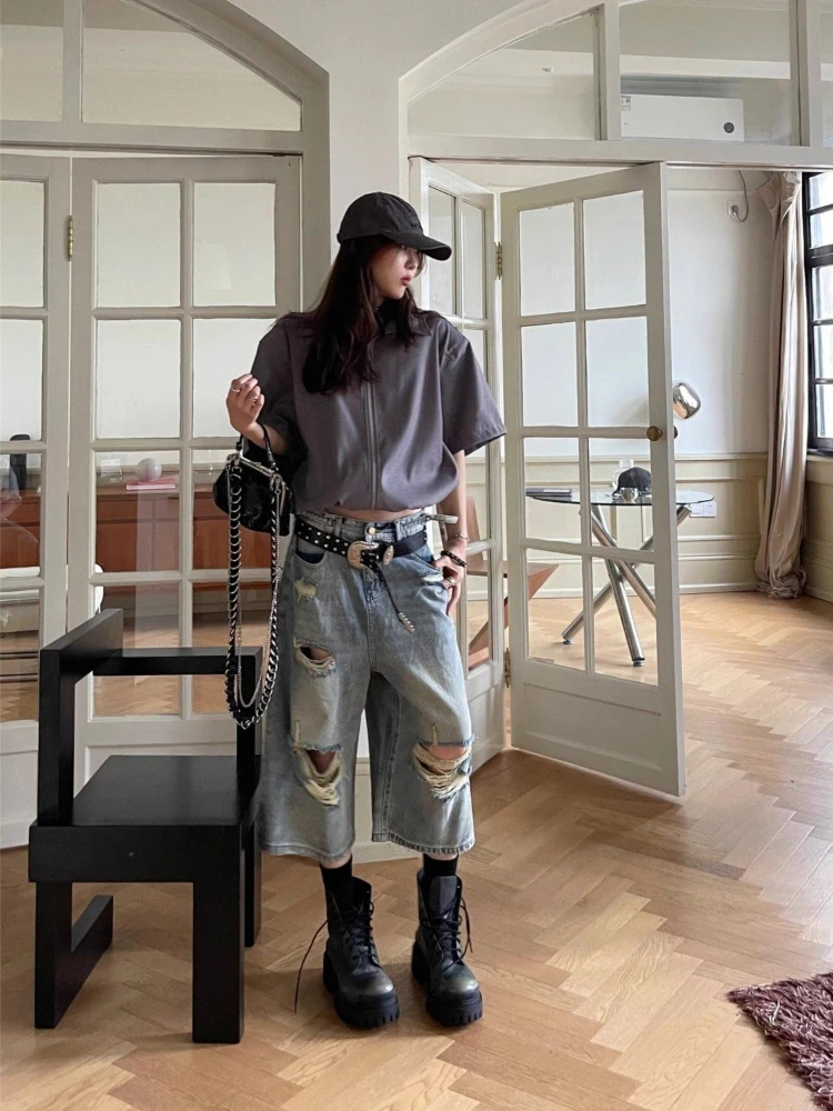 HOUZHOU Y2k Vintage Jeans Women Summer High Waist Distressed Hollow Out Denim Pants Wide Leg Streetwear Calf-Length Pants