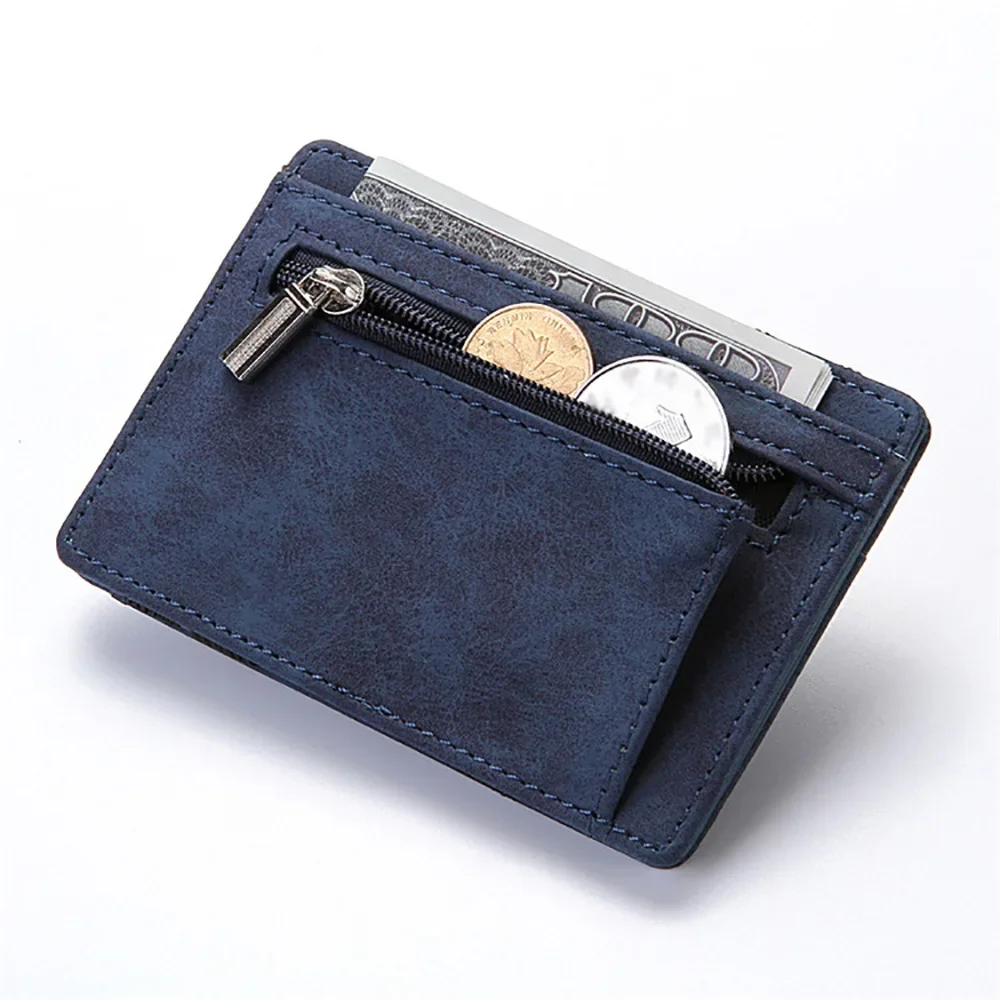 Men Ultra Thin PU Leather Mini Small Magic Wallet with Zipper Coin Pocket Purse Women Pouch Plastic Credit Bank Card Case Holder