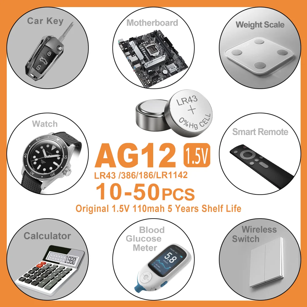 10-50PCS 1.55V AG12 LR43 100mAh Lithium Button Cell SR43 386 LR1142 V12GA AG 12 SR43W SR1142 Coin Cell Watch Toys Remote Battery