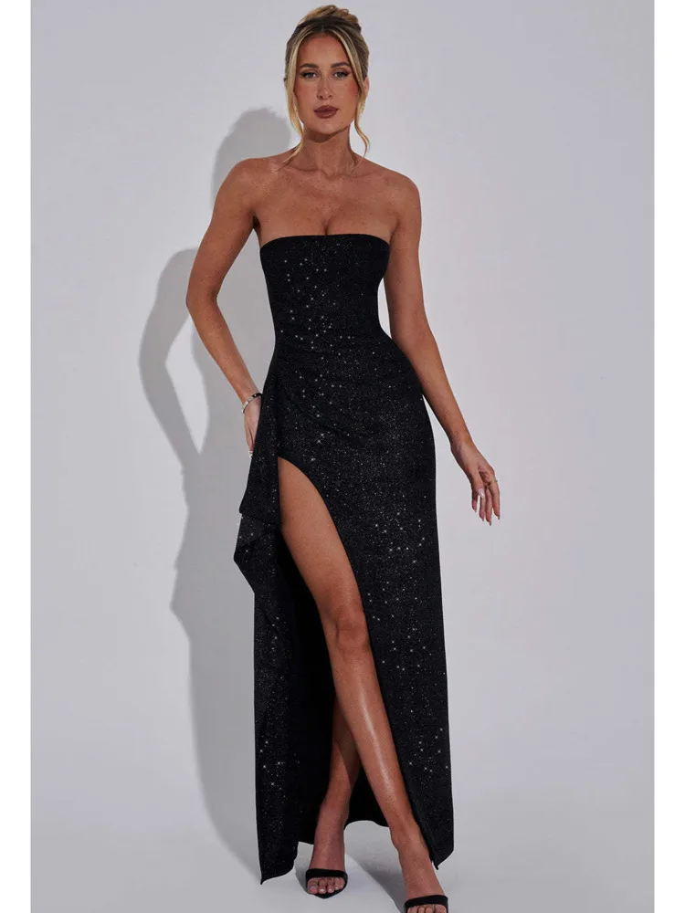 Articat Elegant Strapless Bodycon High Slit Evening Gown Women Sexy Sleeveless Backless Tight Long Dress Slim Party Club Vestido